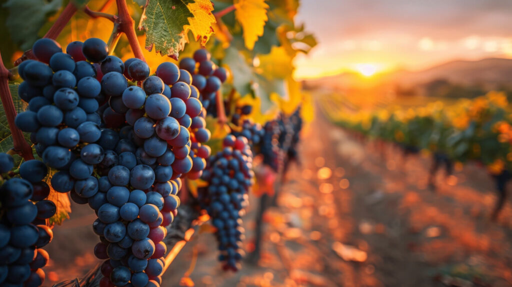 Foto de viñedo en San Miguel de allende. Enfoque a uvas de vino con fondo desenfocado con atardecer.